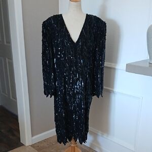 RARE VINTAGE Plus Size Silky Nites By Cherish Black Sequin Dress